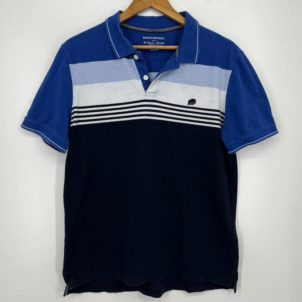 Banana Republic Mens Large Blue Colorblock Striped Elephant Logo Polo Shirt L/G